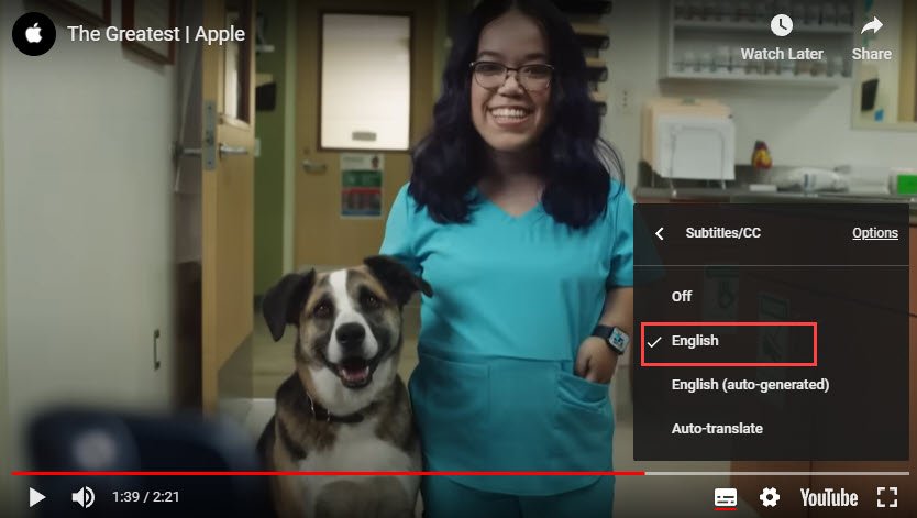 A still from the Apple video showing the options available under the captions settings. One of the options is English. This has a tick next to it to show it is selected. 