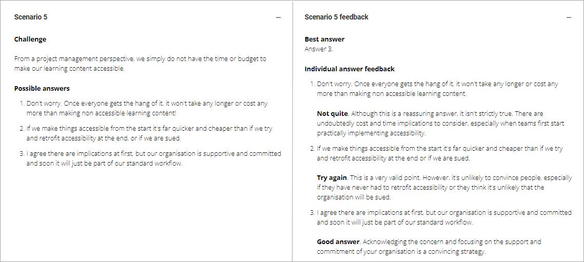 A close up of the expanded feedback used in the scenario interactivity transcript. The first block gives the three possible answers for the scenario given. The second block gives the suggested answer and feedback for each of the three choices given. 