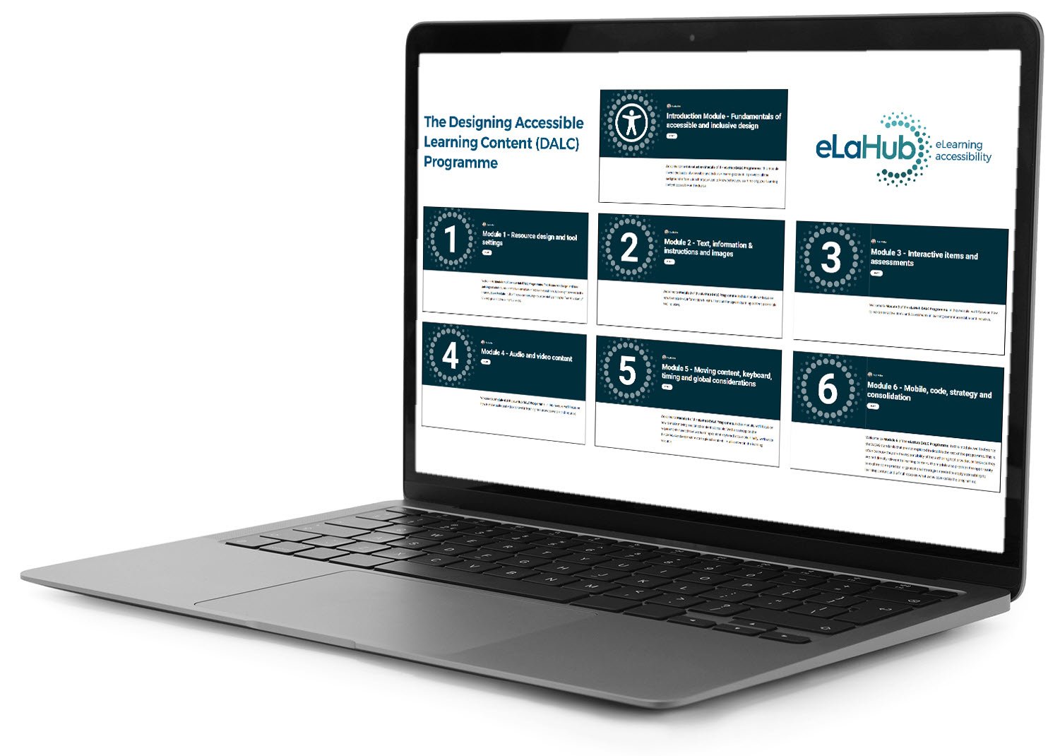 Laptop displaying the header of all 7 modules from the Designing Accessible Learning Content Programme.