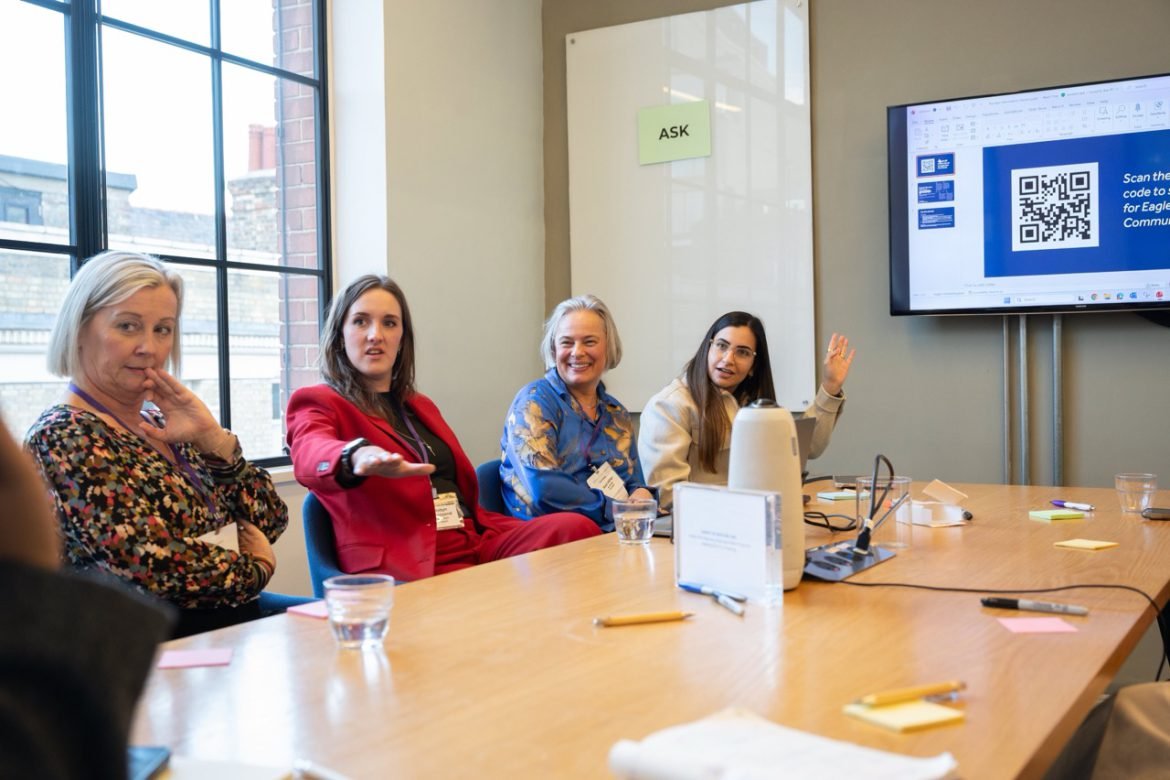 Four women taking part in a workshop discussion around a meeting table, with a presentation screen showing a QR code in the background.