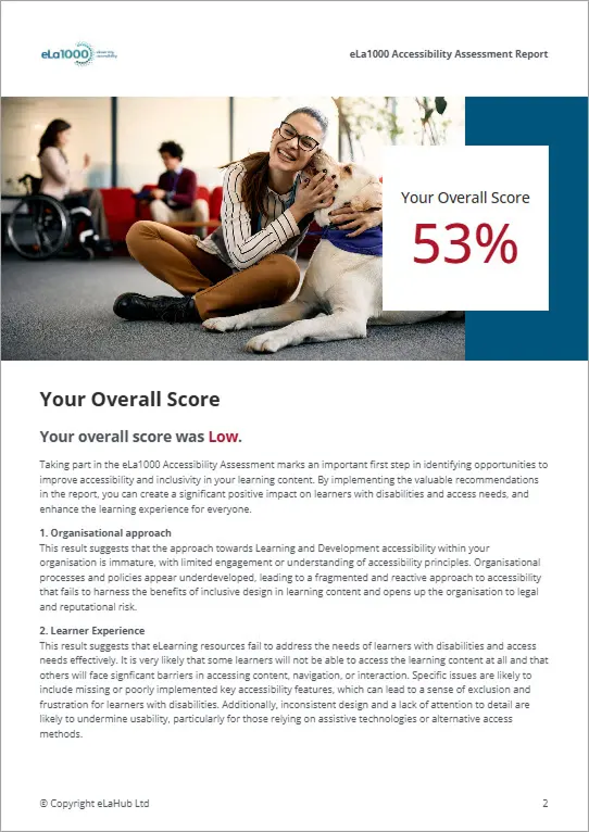 Cover page of an eLa1000 accessibility assessment report showing an overall score of 53% alongside a photo of a woman sitting with a guide dog.